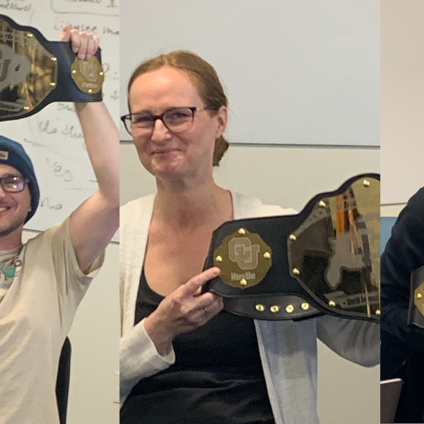 A collage of various people holding a large novelty wrestling belt.