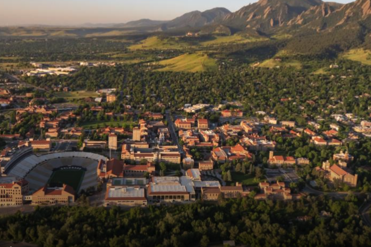 An aerial photo of the CU Boulder campus and Boulder Flatirons