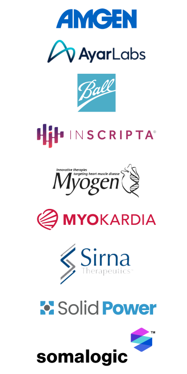 Logos for Amgen, Ayar Labs, Ball Aerospace, Inscripta, Myogen, Myokardia, Sirna, Solid Power, SomaLogic