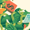 An illustration of a giant beanstock full of critters and a man carrying a solar panel and a woman carrying a giant price tag.