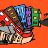 Cartoon illustration on an orange background showing a row of colorful school buildings bending in an arc, with a figure in graduation robes and cap leaping forward off the end of the curve, as if launched from the schools.