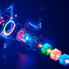 Colorful digital illustration representing quantum computing, showing glowing geometric shapes, particles, and data streams interconnected on a dark blue background.