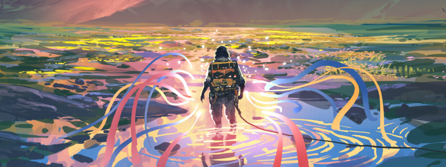 Vibrant digital artwork of a lone figure walking through a glowing, multicolored landscape at sunset, with ribbon-like light trails extending from their body and mountains framing the horizon.