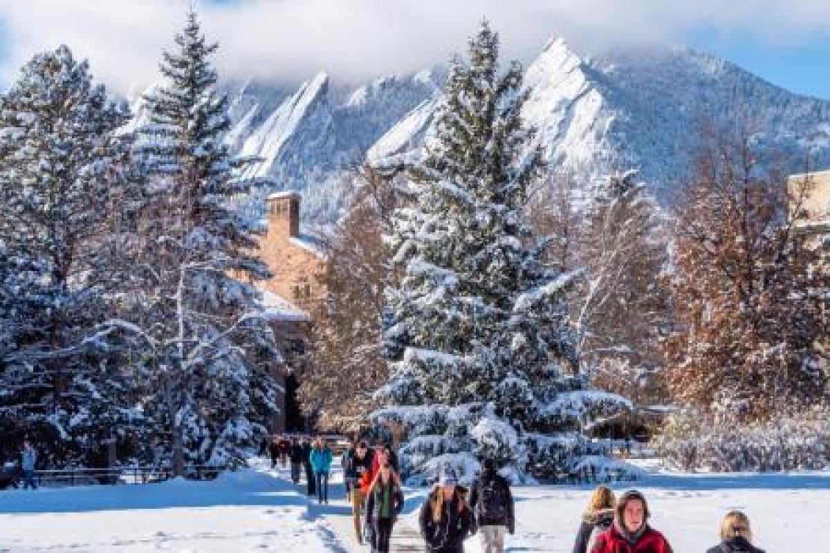 students walking down a snowy path