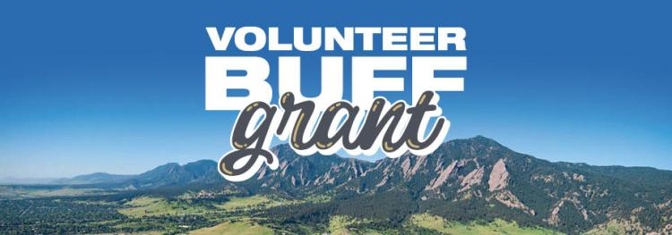 a photo of the flatirons with text: Volunteer Buff Grant