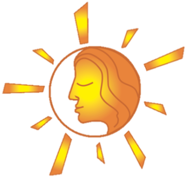 Sun with a face inside facing left, color latina logo