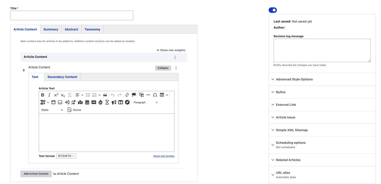 A screenshot of the Article content type UI in Web Express