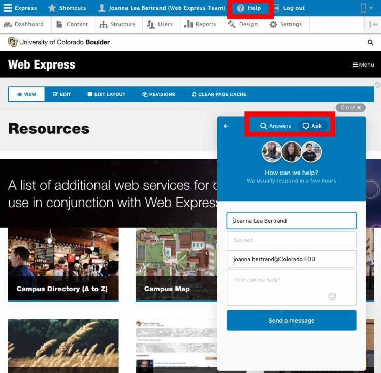 Web express help links and submit question