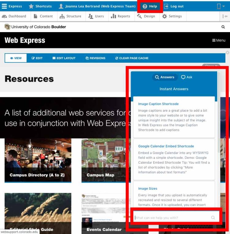 Web express help links and tutorial search