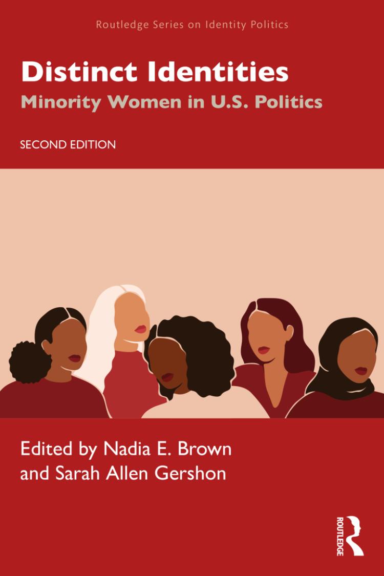 Distinct Identities 2nd edition book cover with a red background and simple drawings of BIPOC women