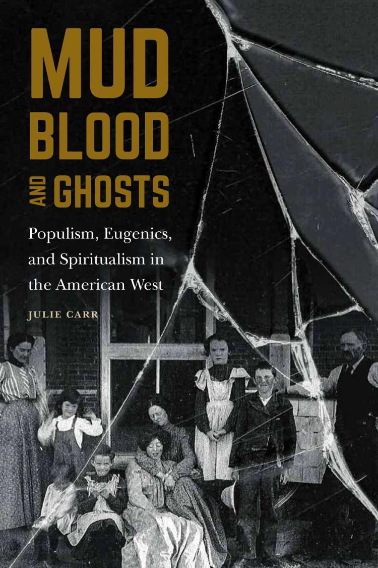 Title cover of Mud, Blood, and Ghosts: a black and white image of a large family with many young children sits in front of a brick house