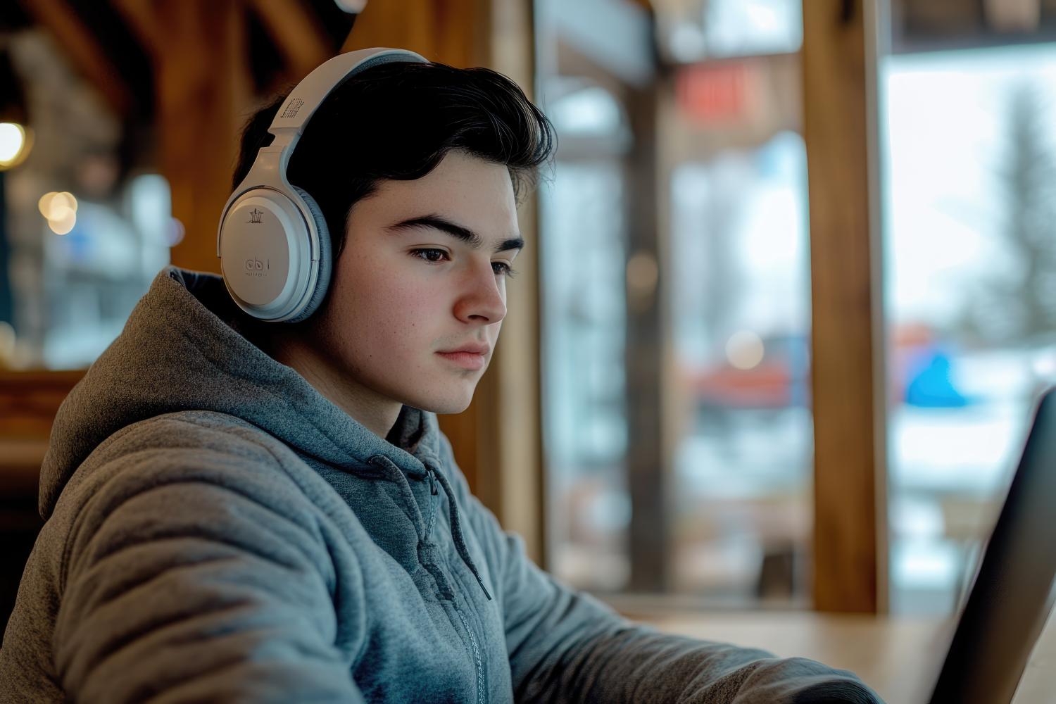Male with headphones wearing a sweatshirt while working on a laptop
